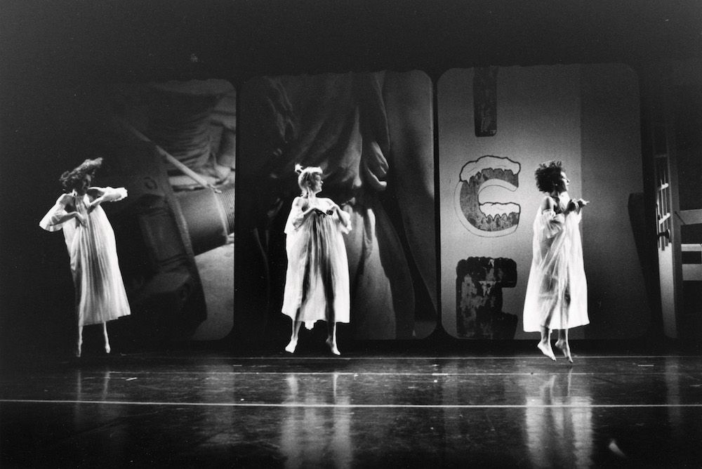 Trisha Brown. Glacial Decoy. 1979. With costumes, set, and lighting (with Beverly Emmons), by Rauschenberg. This performance at the Marymount Manhattan College Theater, New York, June 20–24, 1979. Left to right: Brown, Nina Lundborg, and Lisa Kraus. Photograph: Babette Mangolte © 1979 Babette Mangolte (All Rights of Reproduction Reserved)<br/>